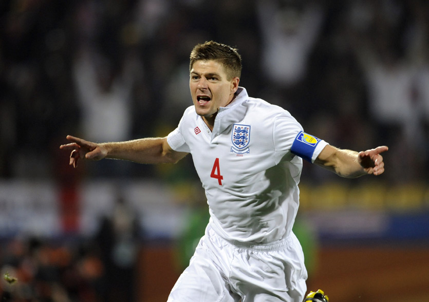Steven Gerrard celebrates his early strike against USA in Rustenburg.
